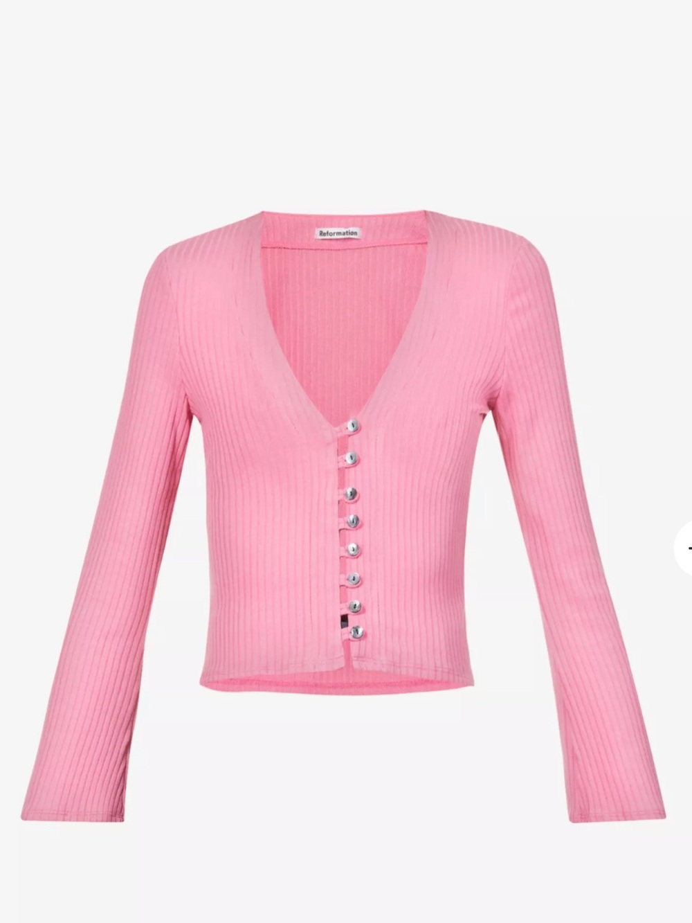 Reformation Gellar Bubblegum Pink Ribbed V-Neck Button Cardigan